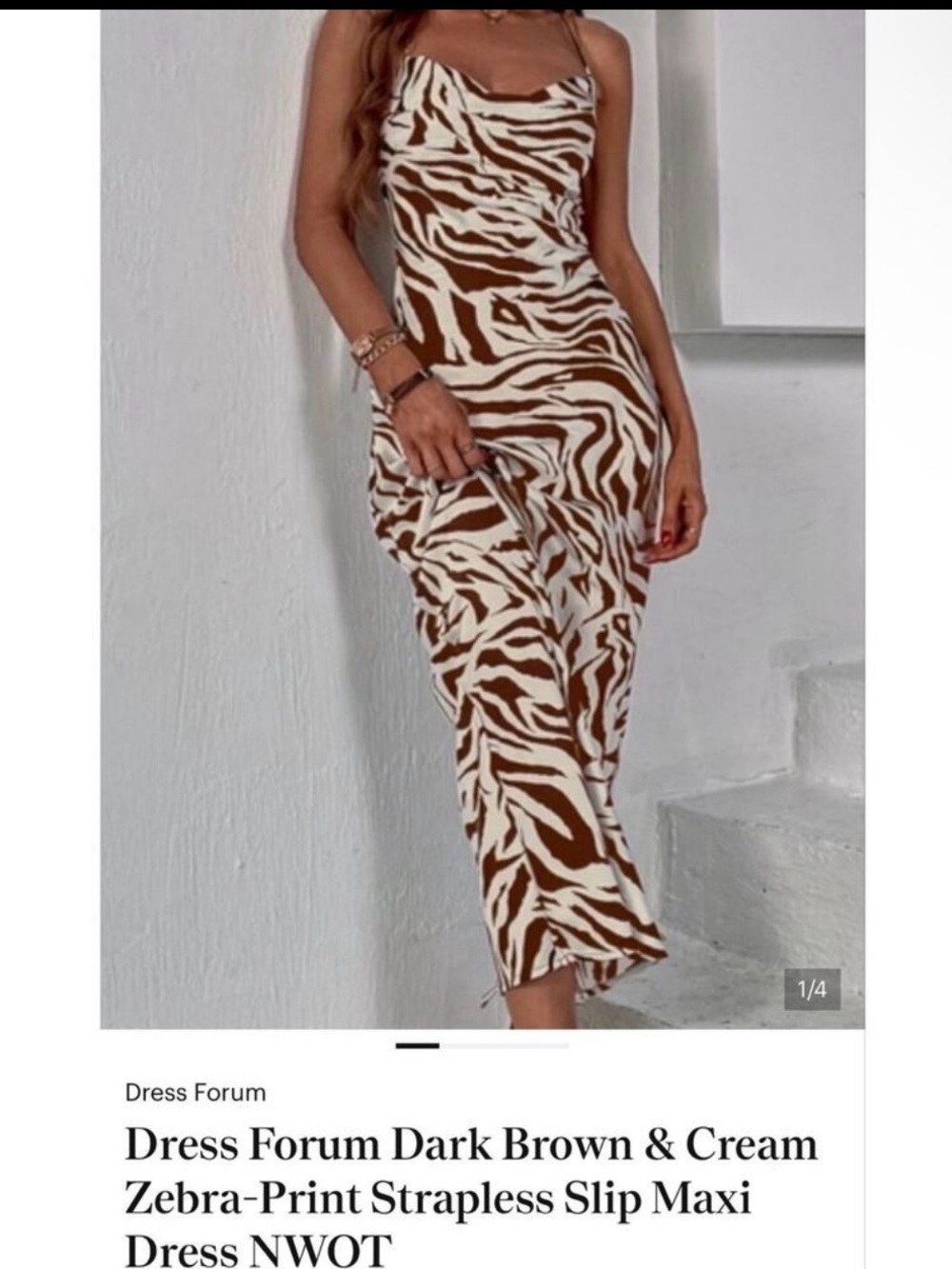 Dress Forum Dark  Brown and Cream  Zebra Print Strapless Slip Midi Dress.